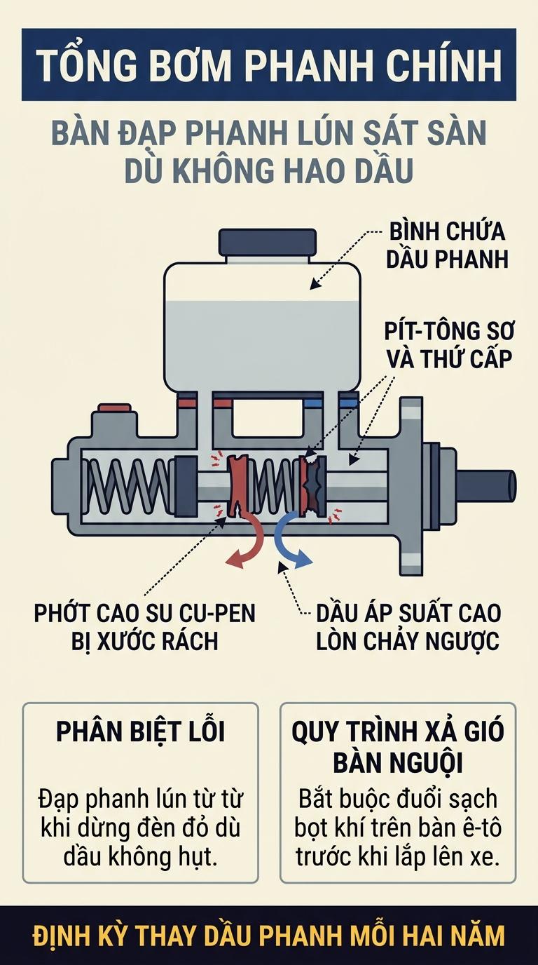 Alt: Sơ đồ cấu tạo xi-lanh tổng phanh chính ô tô và cơ chế lòn áp suất phớt cao su cu-pen