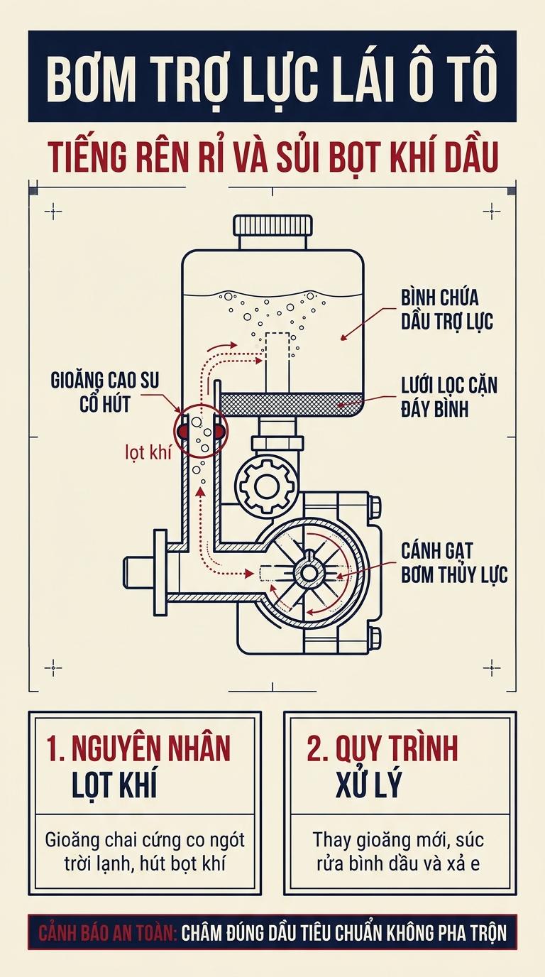 Alt: Sơ đồ cấu tạo bơm trợ lực lái ô tô và cơ chế hở gioăng cổ hút gây sủi bọt khí kêu rên rỉ