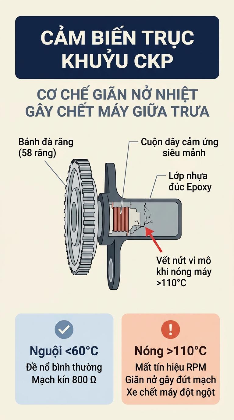 Alt: Sơ đồ cơ chế giãn nở nhiệt gây hở mạch cuộn dây cảm biến vị trí trục khuỷu CKP khi động cơ quá nhiệt