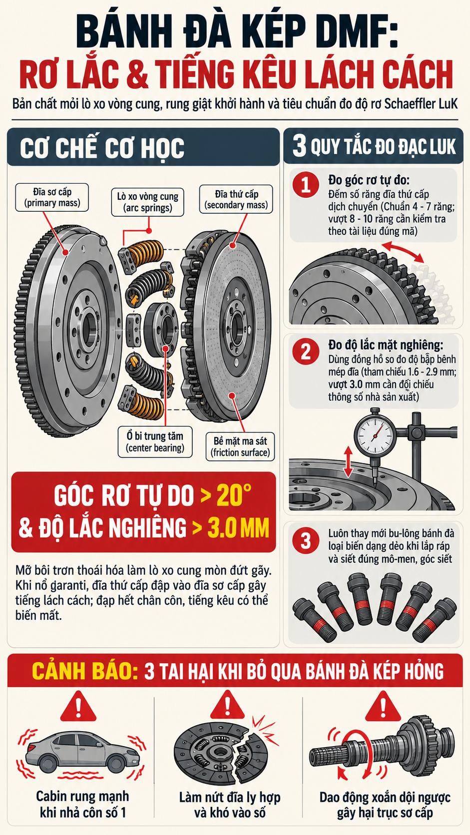 Cấu tạo bánh đà kép giảm chấn DMF và quy trình đo độ rơ tự do chuẩn Schaeffler LuK
