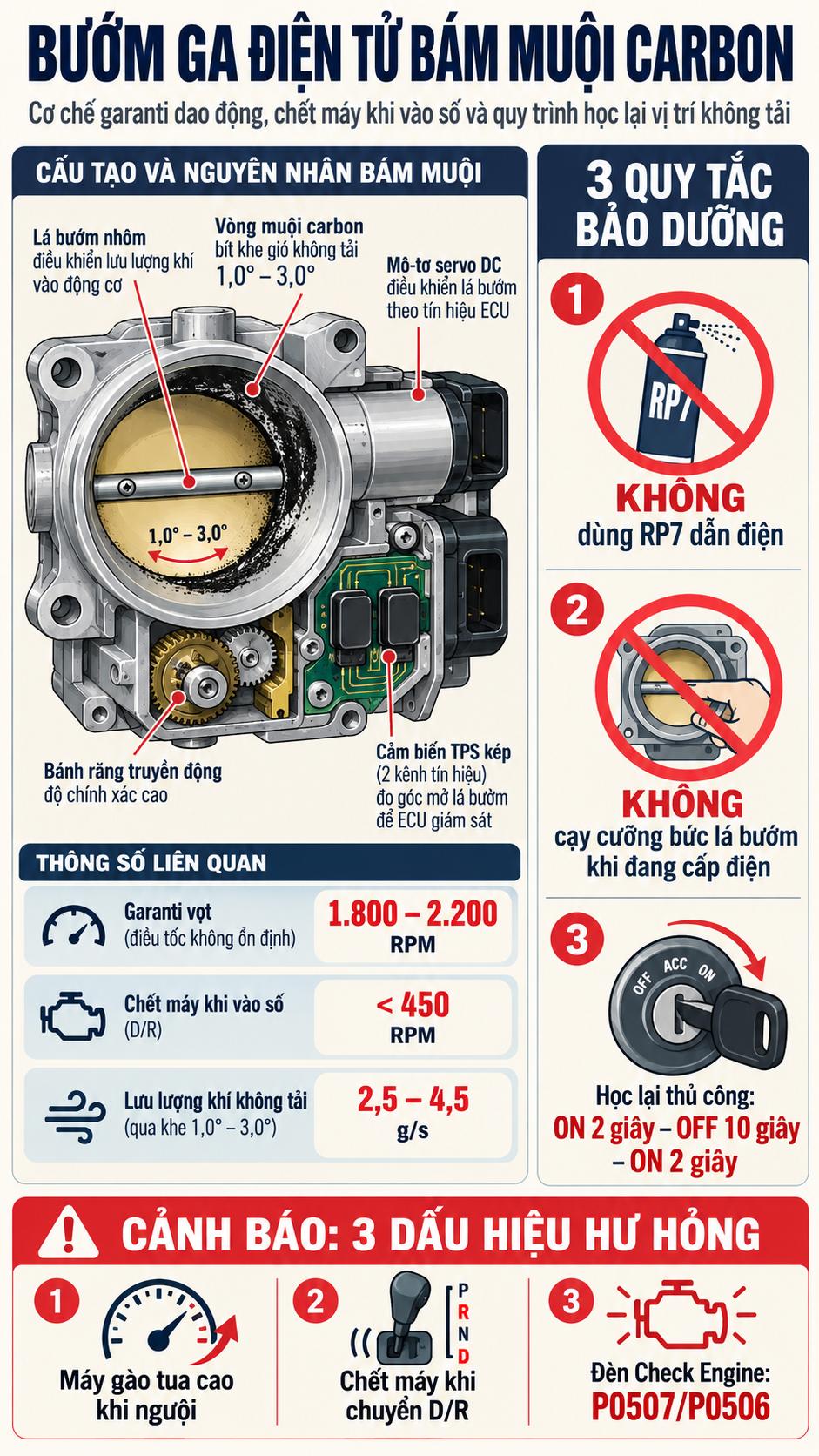 Cấu tạo bướm ga điện tử bám muội carbon và quy trình học lại vị trí không tải Throttle Relearn