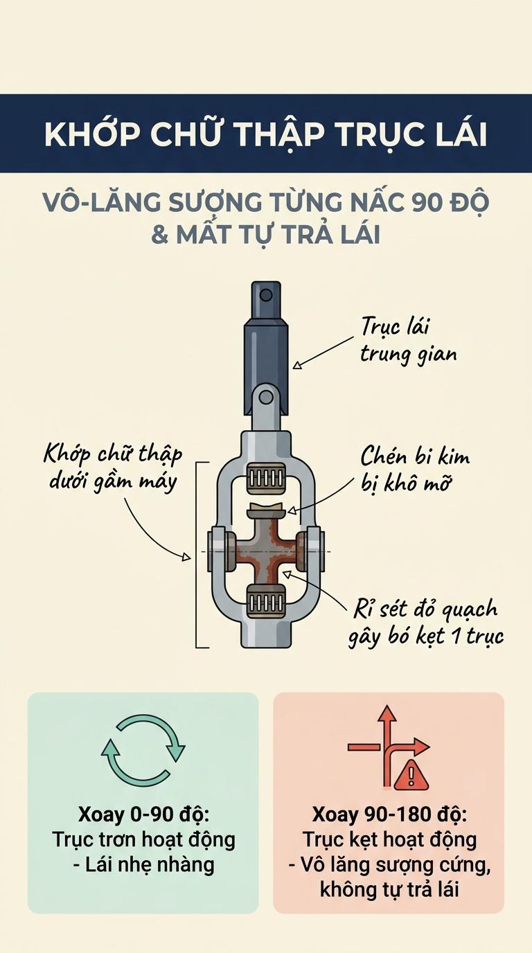 Alt: Sơ đồ động học khớp các-đăng chữ thập trục lái trung gian bị gỉ sét bó kẹt chén bi kim