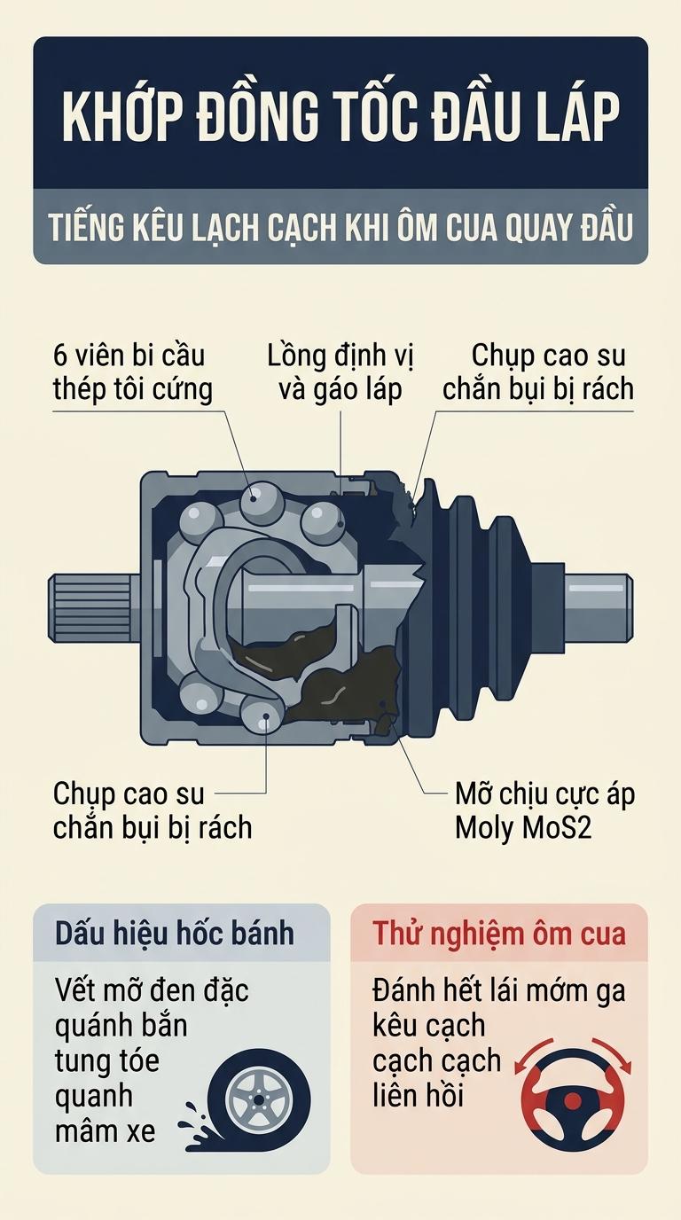 Alt: Sơ đồ cấu tạo khớp đồng tốc đầu ngoài kiểu Rzeppa và cơ chế rách chụp bụi văng mỡ gây tiếng kêu lách cách khi ôm cua