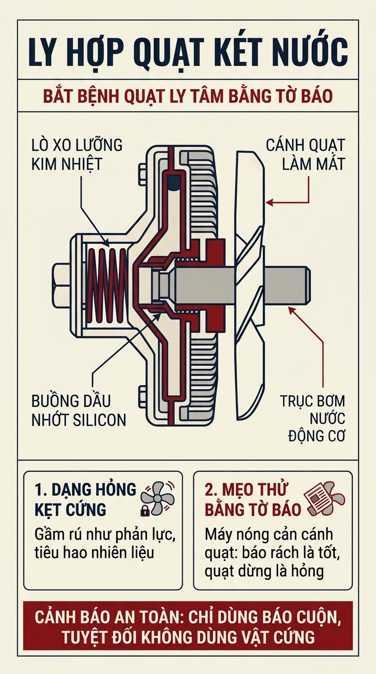 Alt: Sơ đồ cấu tạo ly hợp quạt két nước nhớt ly tâm và bài thử cản tờ báo bắt bệnh quạt ô tô