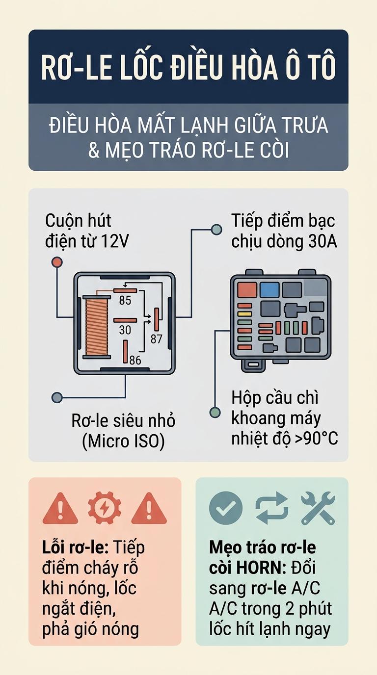 Alt: Sơ đồ cấu tạo rơ-le ly hợp từ máy nén điều hòa ô tô và mẹo hoán đổi rơ-le còi kiểm tra nhanh