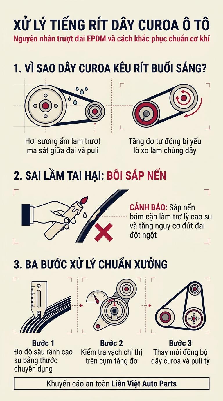 Alt: Sơ đồ chẩn đoán tiếng rít dây curoa tổng ô tô buổi sáng, tác hại của bôi sáp nến và quy trình kiểm tra rãnh mòn EPDM chuẩn kỹ thuật
