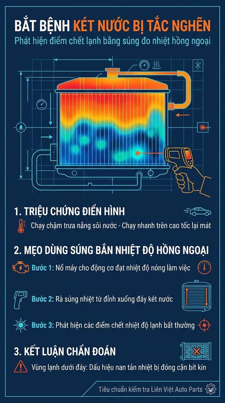 Alt: Infographic hướng dẫn dùng súng đo nhiệt độ hồng ngoại phát hiện điểm chết lạnh do tắc nan két nước làm mát ô tô