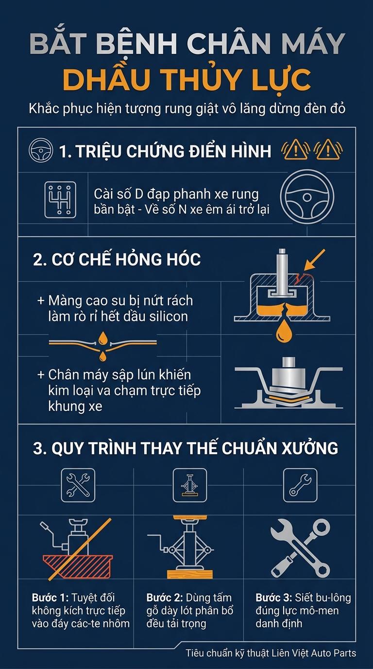 Alt: Sơ đồ cấu tạo chân máy dầu thủy lực ô tô, nguyên nhân rung bần bật ở số D và quy trình kê kích thay thế dùng gỗ lót chuẩn xưởng