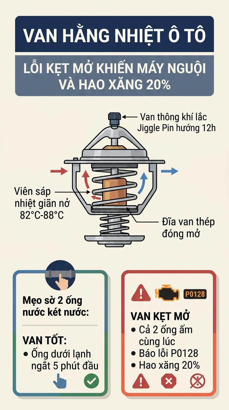 Alt: Sơ đồ cấu tạo viên sáp nhiệt van hằng nhiệt ô tô và cơ chế kẹt mở làm máy quá nguội gây hao xăng