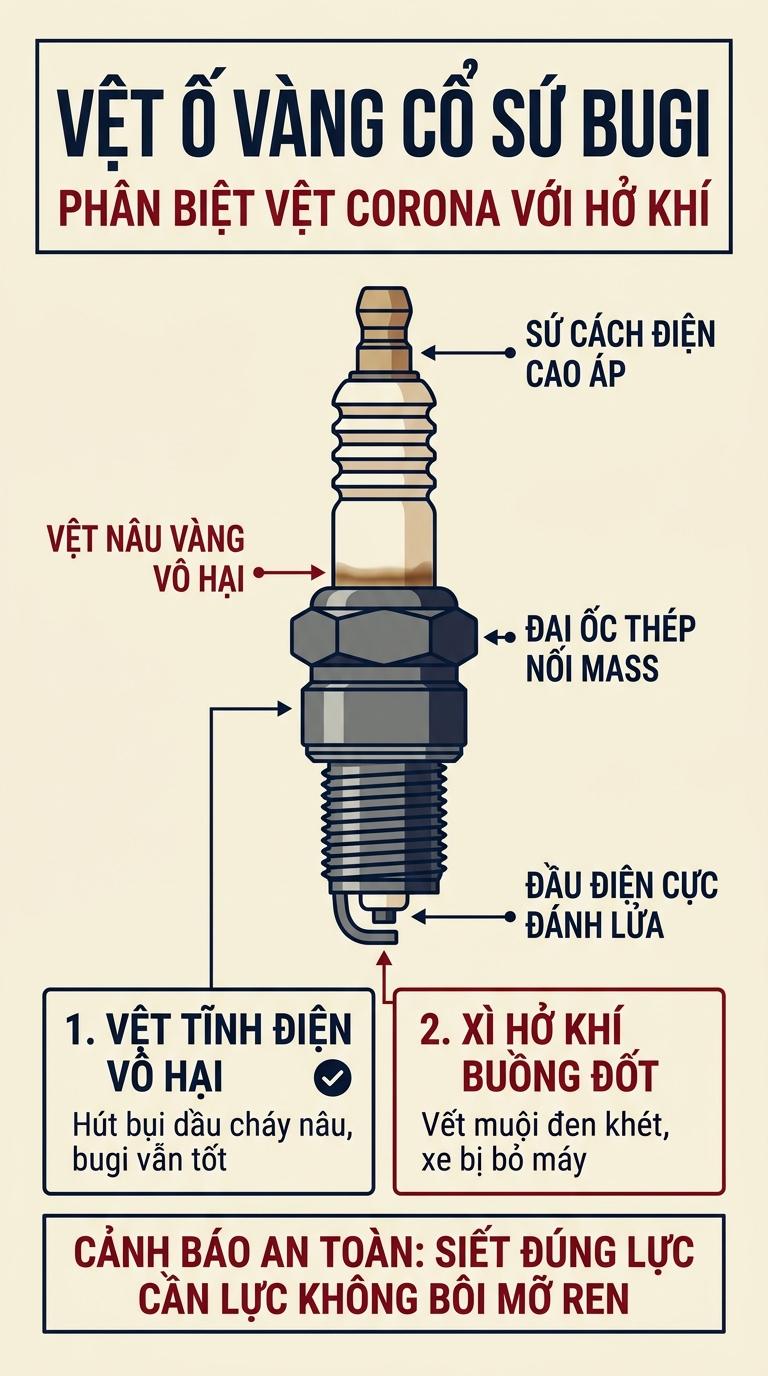 Alt: Sơ đồ phân biệt vệt phóng điện vầng quang Corona vô hại trên cổ sứ bugi với sự cố hở khí buồng đốt
