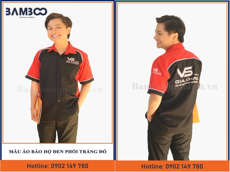 Mẫu áo bảo hộ lao động đen phối trắng đỏ