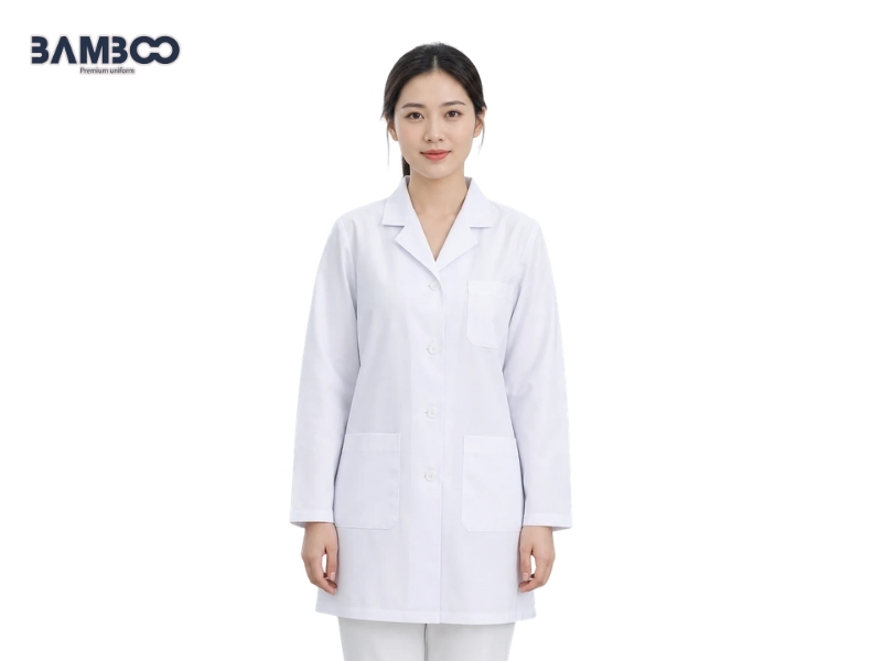 Áo blouse dài tay tăng độ che phủ, gọn gàng, dễ vệ sinh và phù hợp thao tác trong phòng xét nghiệm