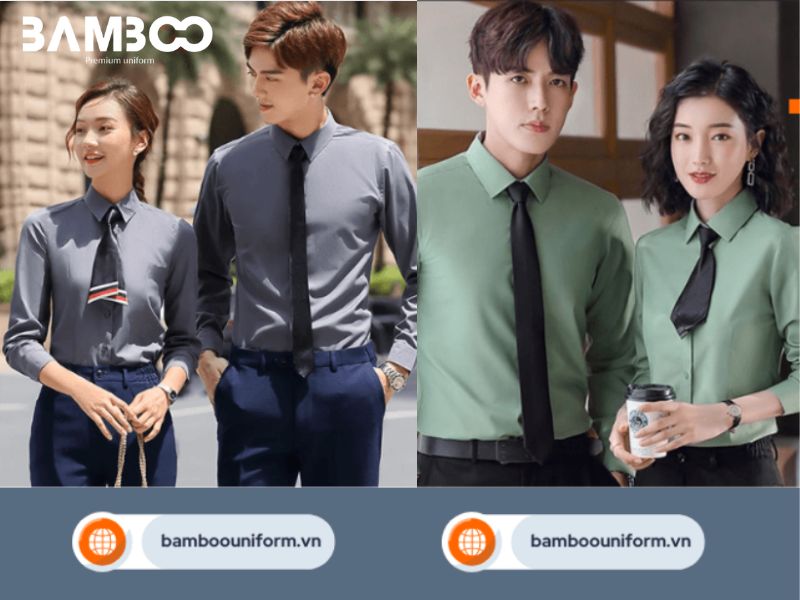 Đồng phục sơ mi xám hiện đại và xanh lá pastel trang nhã, kết hợp cùng cà vạt đồng màu