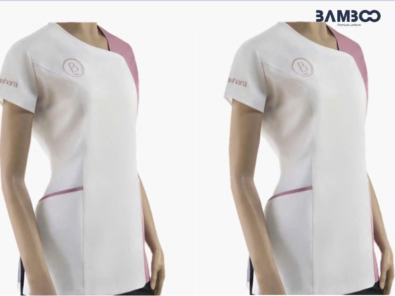 Mẫu áo spa phối trắng hồng thanh lịch, hiện đại