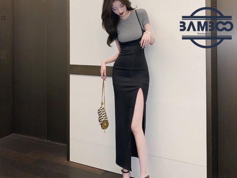 Cách phối chân váy công sở xẻ tà + áo thun tay lỡ