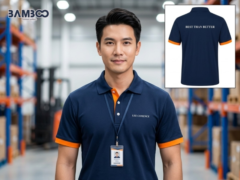 Áo thun công sở xanh đen sọc cam nổi bật, chuyên nghiệp, trẻ trung và dễ nhận diện
