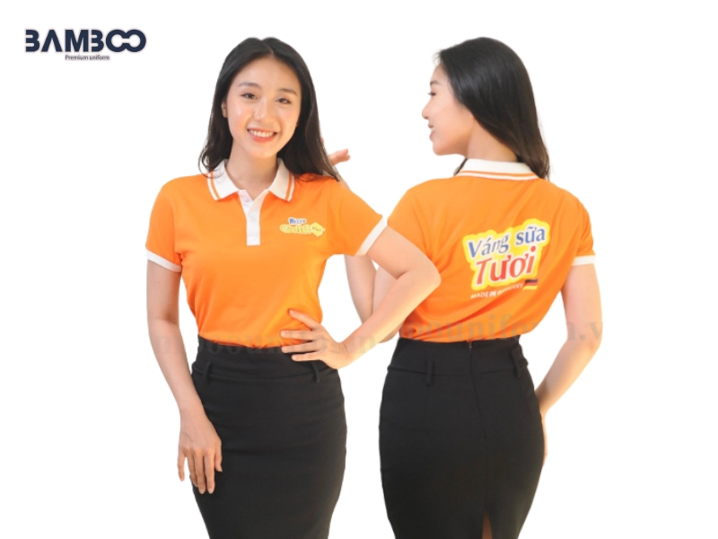 Áo thun Mixxigo Plus nổi bật với sắc cam trẻ trung, cổ và tay phối trắng năng động