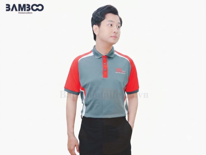 Áo polo Trương Gia phối xám đỏ, thêu logo sắc nét