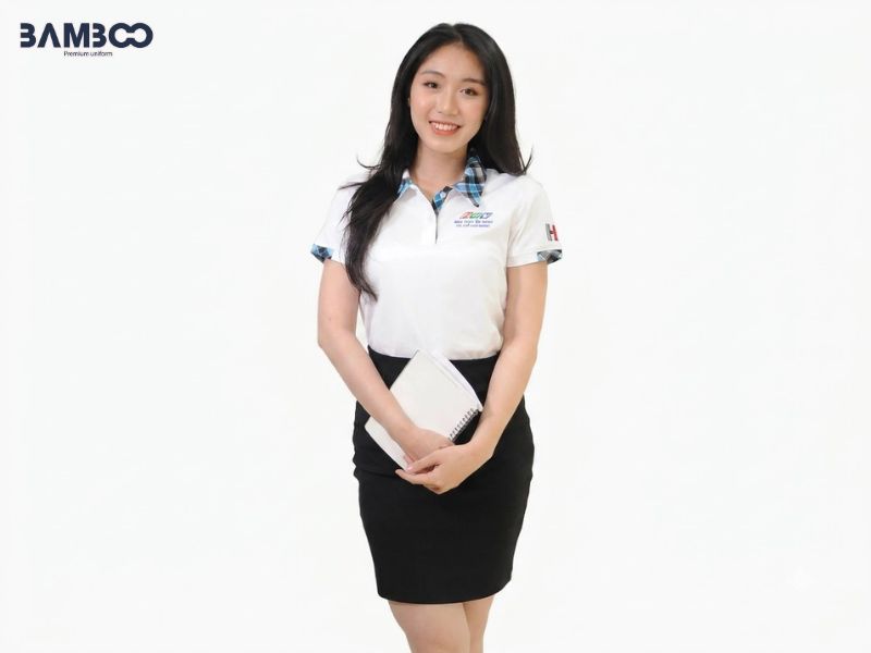 Áo thun HTV polo trắng phối caro xanh, in logo ngực trái, trẻ trung và thanh lịch