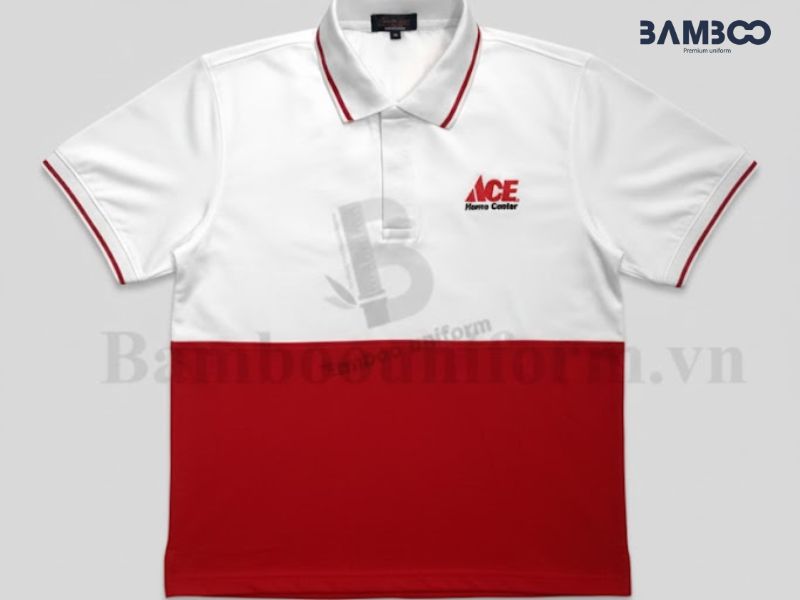 Mẫu áo thun đồng phục Vina Homeshop mang phong cách polo hiện đại, kết hợp hai màu sắc cơ bản nhưng nổi bật