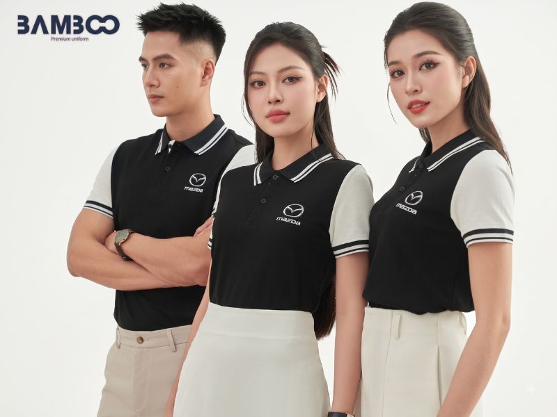 Áo polo đồng phục Mazda phối đen, trắng, xanh, kiểu dáng hiện đại, thoải mái