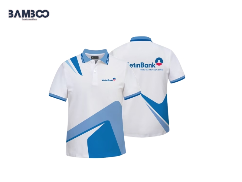 Áo đồng phục Polo in chuyển nhiệt trắng phối xanh dương