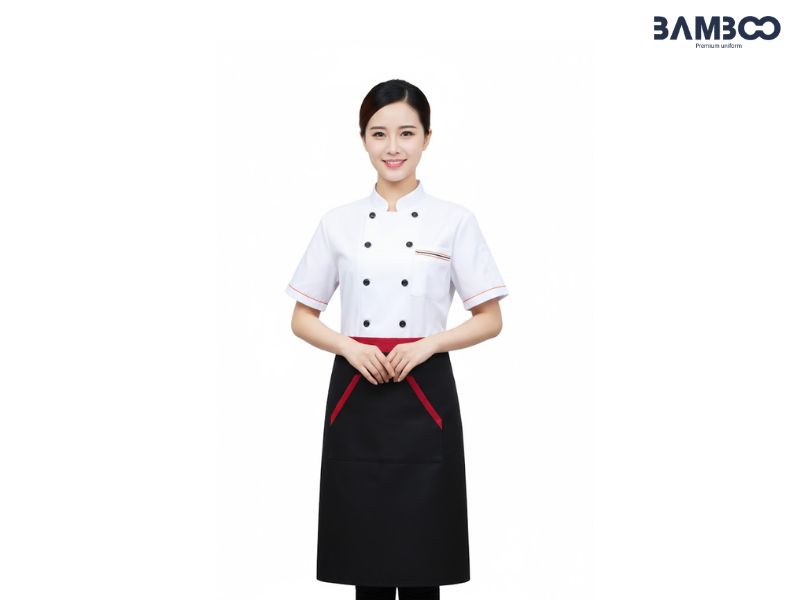 Bamboo Uniform may áo bếp trắng hai hàng khuy phối viền màu trọn gói