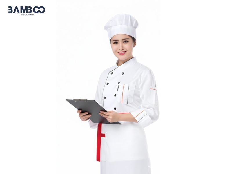 Bamboo Uniform may áo bếp trắng phối màu tay dài cao cấp