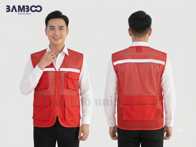 Bamboo Uniform may áo gile bảo hộ đỏ tận xưởng, bền đẹp, giá tốt, đúng yêu cầu