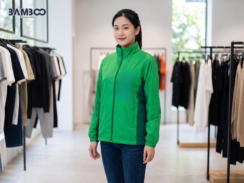 Bamboo Uniform trực tiếp sản xuất áo khoác gió xanh lục 01, đáp ứng đơn hàng lớn, may theo yêu cầu