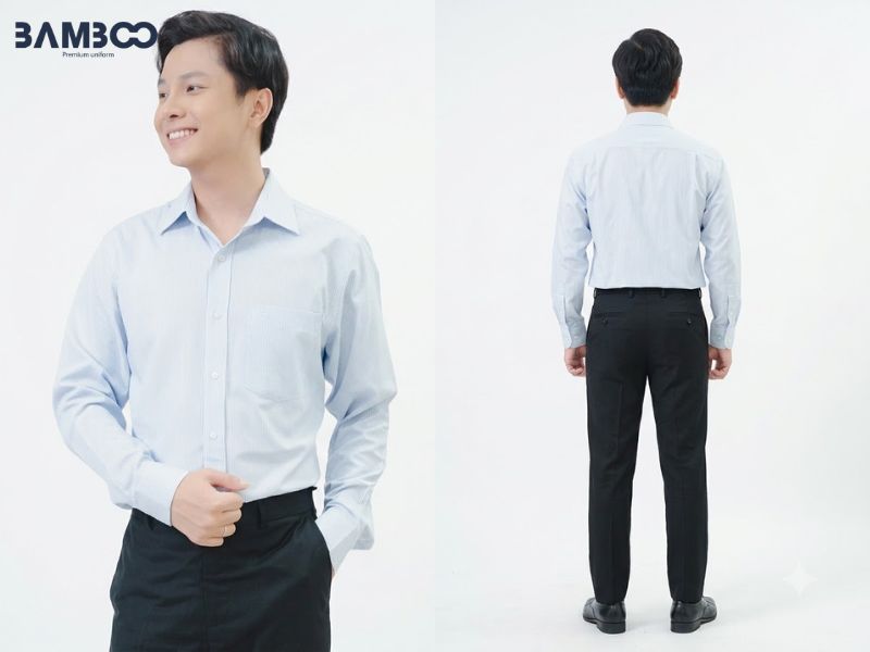 Bamboo Uniform may áo sơ mi nam kẻ sọc xanh nhạt theo yêu cầu, chi phí tối ưu