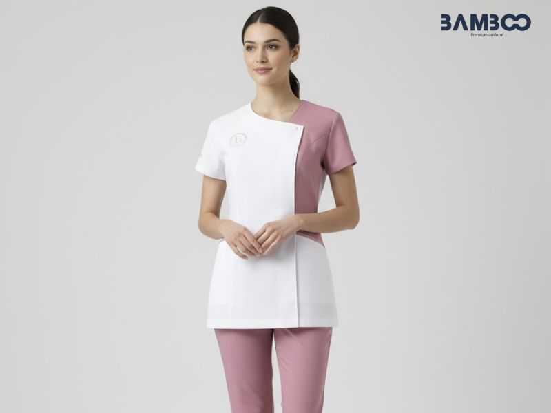 Bamboo Uniform may áo spa phối trắng hồng cao cấp