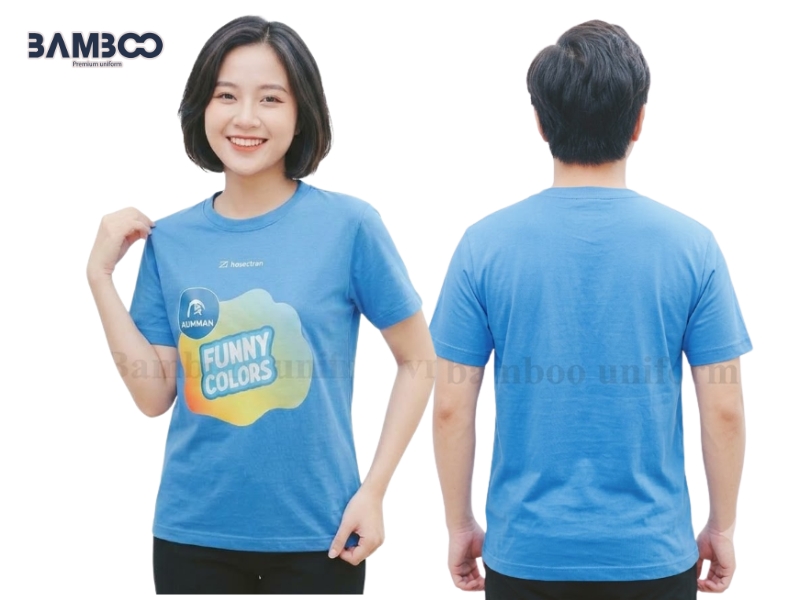 Bamboo Uniform may áo thun Team Building xanh dương theo yêu cầu, đồng bộ và tối ưu chi phí