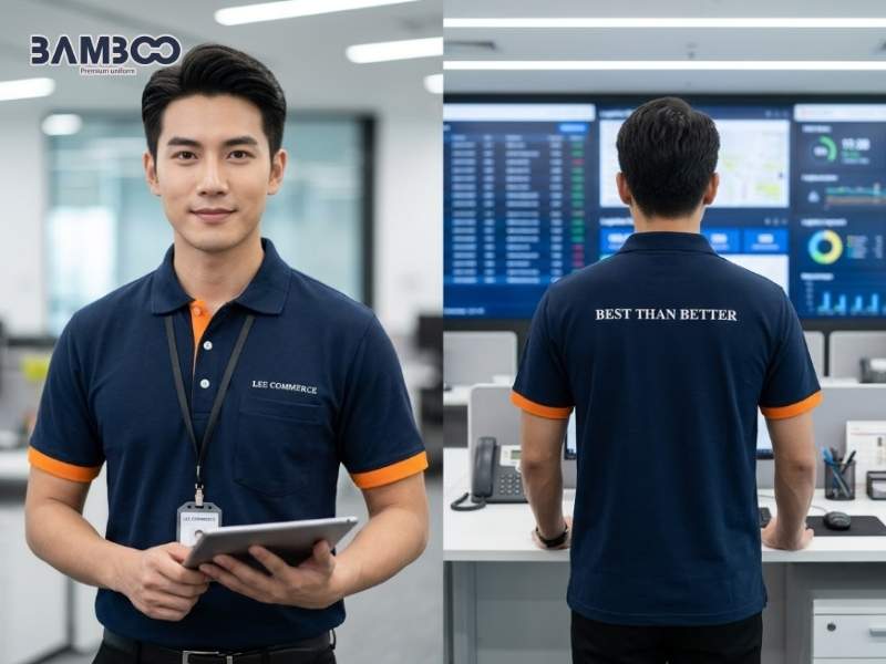 Bamboo Uniform may áo xanh đen sọc cam giá tốt, thiết kế đẹp, đúng chuẩn thương hiệu