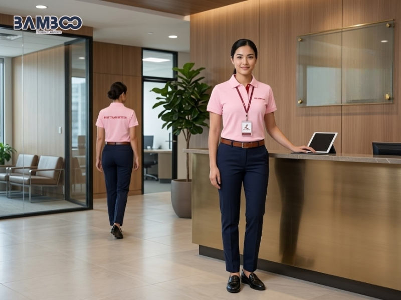 Bamboo Uniform may áo hồng cao cấp, thiết kế riêng, chất lượng, đúng tiến độ