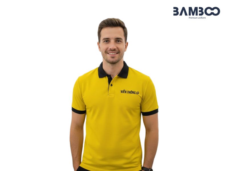 Bamboo Uniform may áo thun đồng phục công sở vàng cổ đen cao cấp