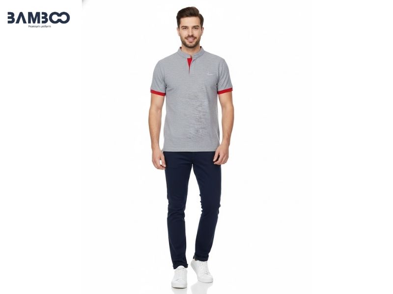 Bamboo Uniform may áo thun đồng phục công sở xám viền đỏ cao cấp