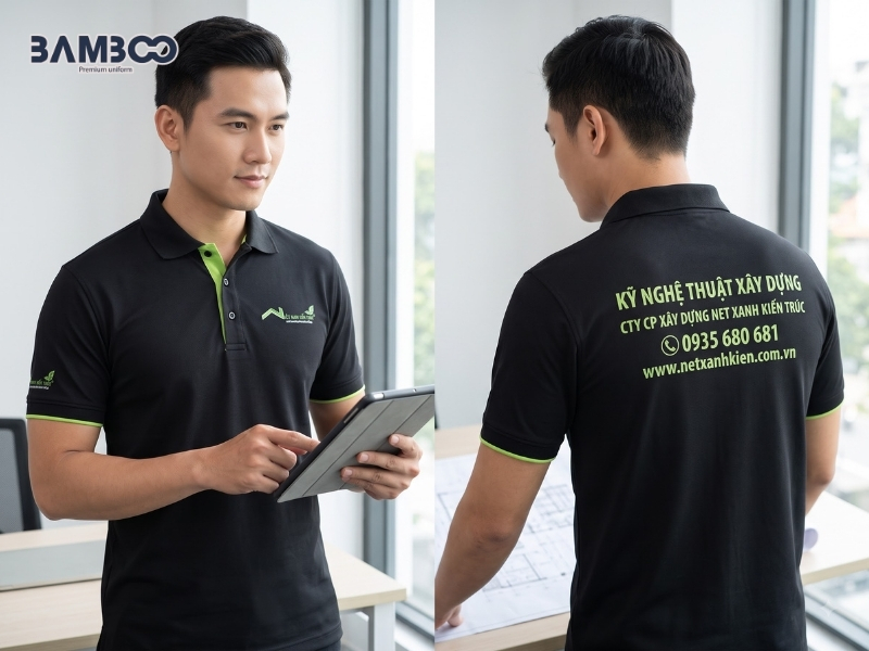 Bamboo Uniform may polo đen phối xanh lá theo yêu cầu, đảm bảo chất lượng, tiến độ