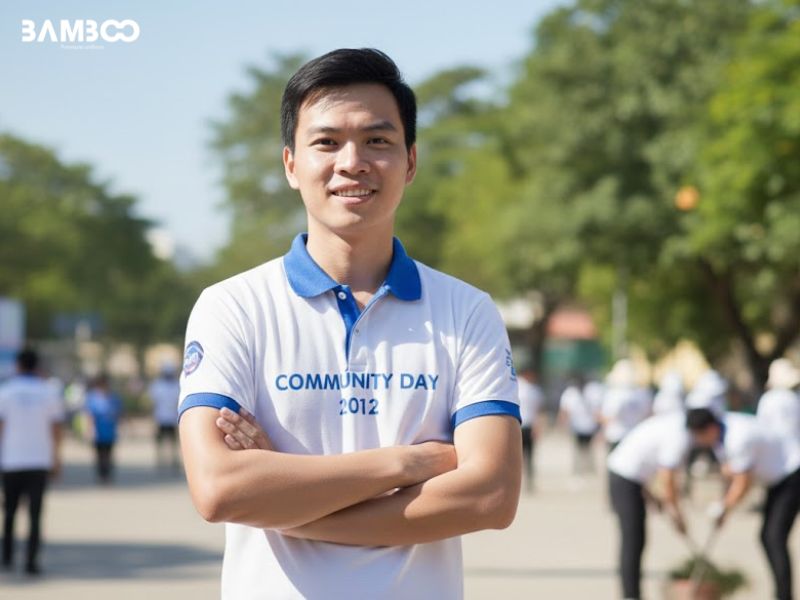 Bamboo Uniform - Xưởng may áo thun quà tặng màu trắng cổ xanh chuyên nghiệp