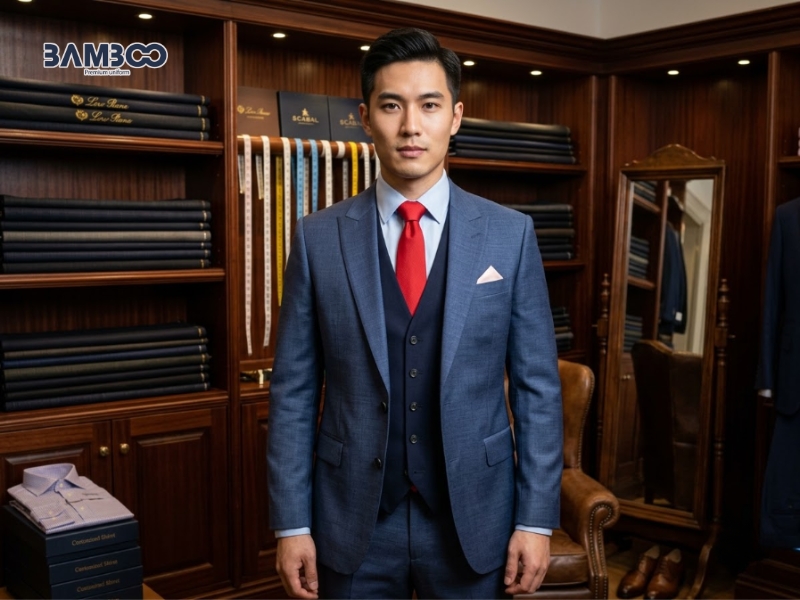 Bamboo Uniform may vest nam xanh ghi cao cấp, chuẩn phom, thiết kế riêng