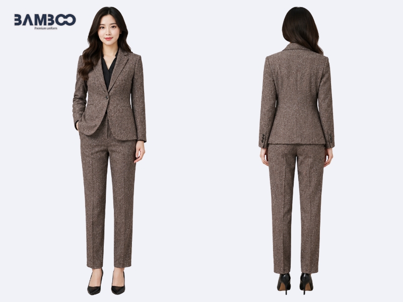 Quy trình may vest nữ Bamboo nâu xám chuyên nghiệp, đảm bảo form chuẩn, chất lượng và tiến độ