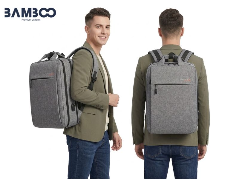 Bamboo Uniform may balo xám nhỏ gọn bền đẹp, in thêu logo, giá tốt, giao nhanh