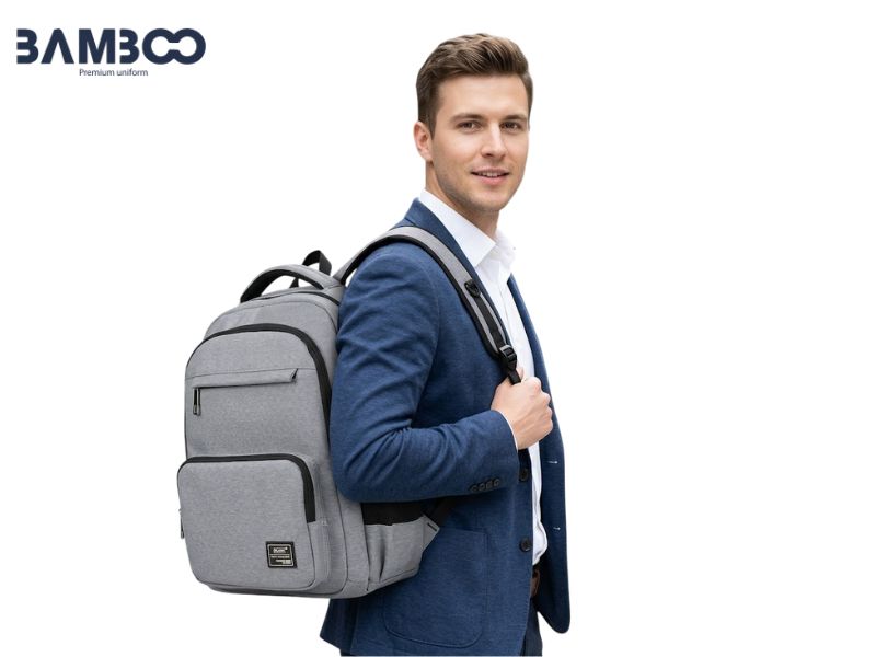 Bamboo Uniform nhận may balo đồng phục xám phối viền đen giá tốt, dịch vụ tận tâm
