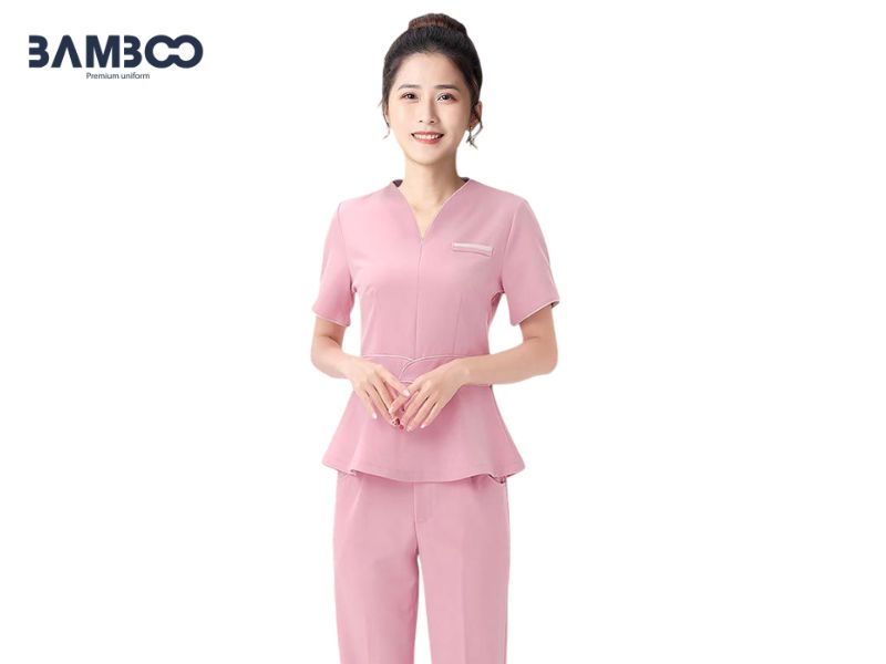 Bamboo Uniform may đồng phục spa màu hồng đẹp, chuẩn form, chất lượng, giá tốt