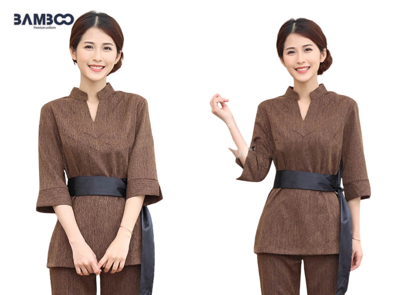 Bamboo Uniform may đồng phục spa màu nâu chuẩn đẹp, chất lượng cao, giá tốt