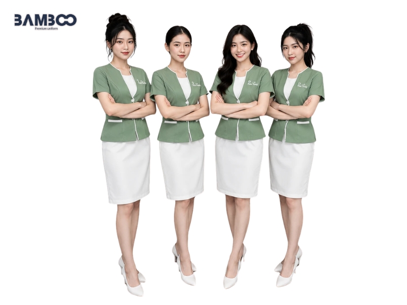 Bamboo Uniform may đồng phục spa xanh lá theo yêu cầu, giá tối ưu.