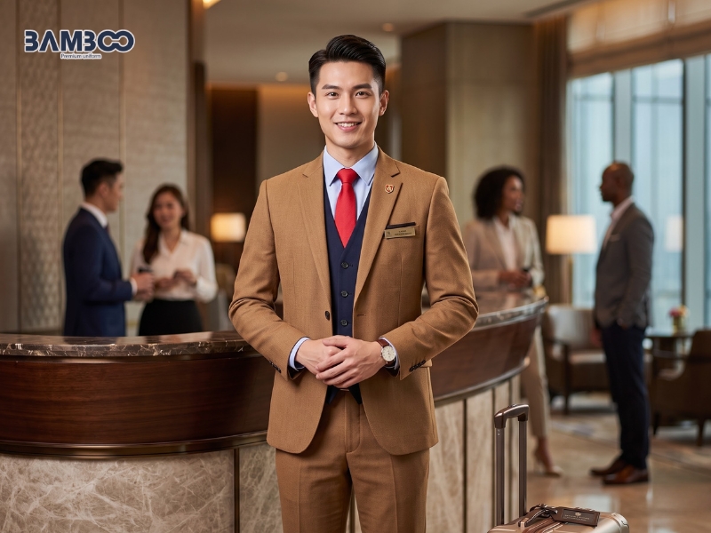 Bamboo Uniform may vest nâu vàng cao cấp, thiết kế riêng, chất lượng đồng đều, giá tối ưu