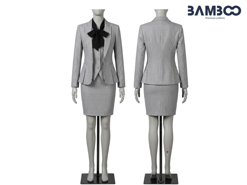Bamboo Uniform may vest nữ xám nơ đen đẹp chuẩn form, giá tốt  