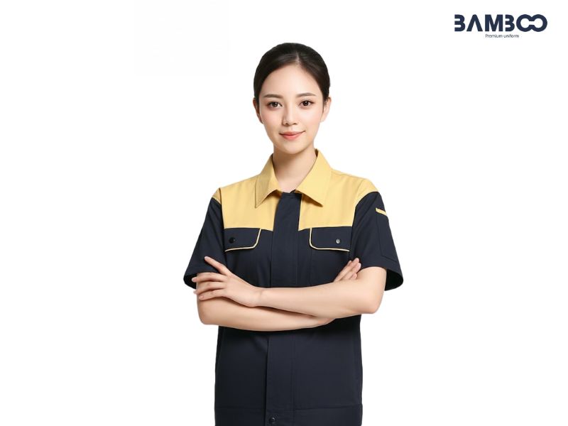 Bamboo Uniform may áo đồng phục nhân viên kỹ thuật vàng xanh giá tốt