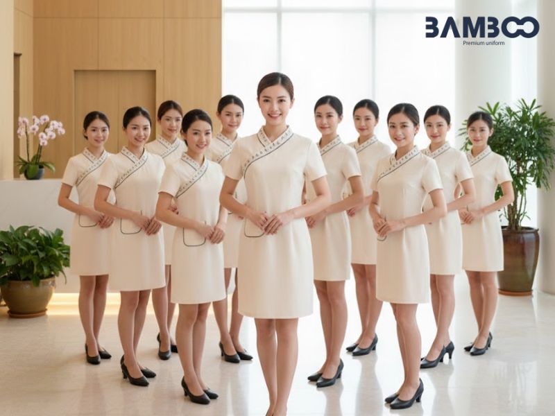 Bamboo Uniform - Xưởng may mẫu đầm spa trắng kem đồng phục cao cấp